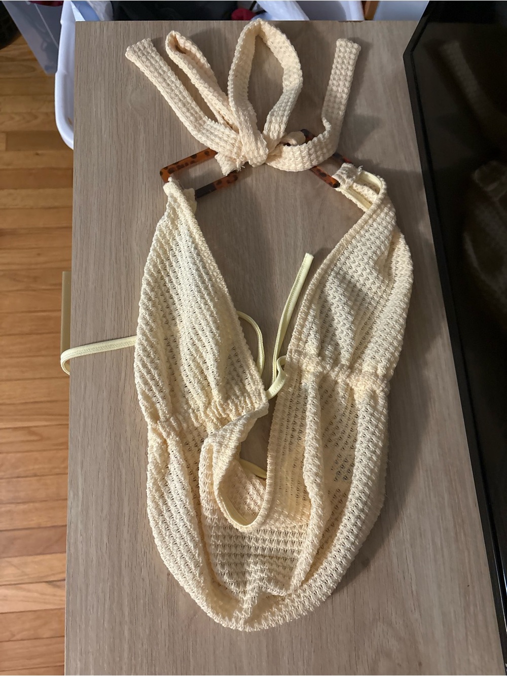 Cream Crochet Halter Bag with Tortoiseshell Ring Detail - Picture 1 of 2